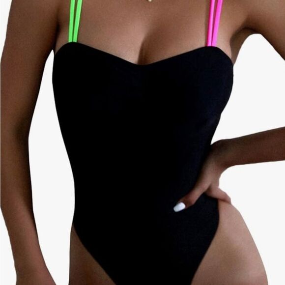 Women’s Swimsuit - One Piece, Neon Spaghetti Straps - Black,Pink,Green - M - NWT - Picture 1 of 3